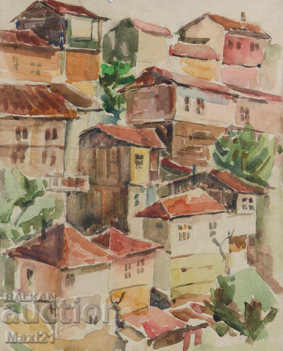 Auction  Old watercolor painting cityscape