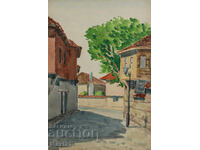 Pictură veche peisaj, acuarelă, peisaj urban