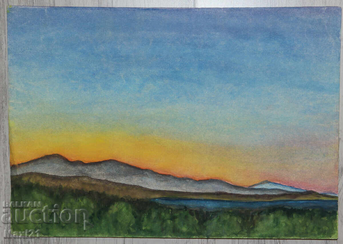 Pictură veche de peisaj acuarelă apus cu preț 200.00 BGN | € 102.26