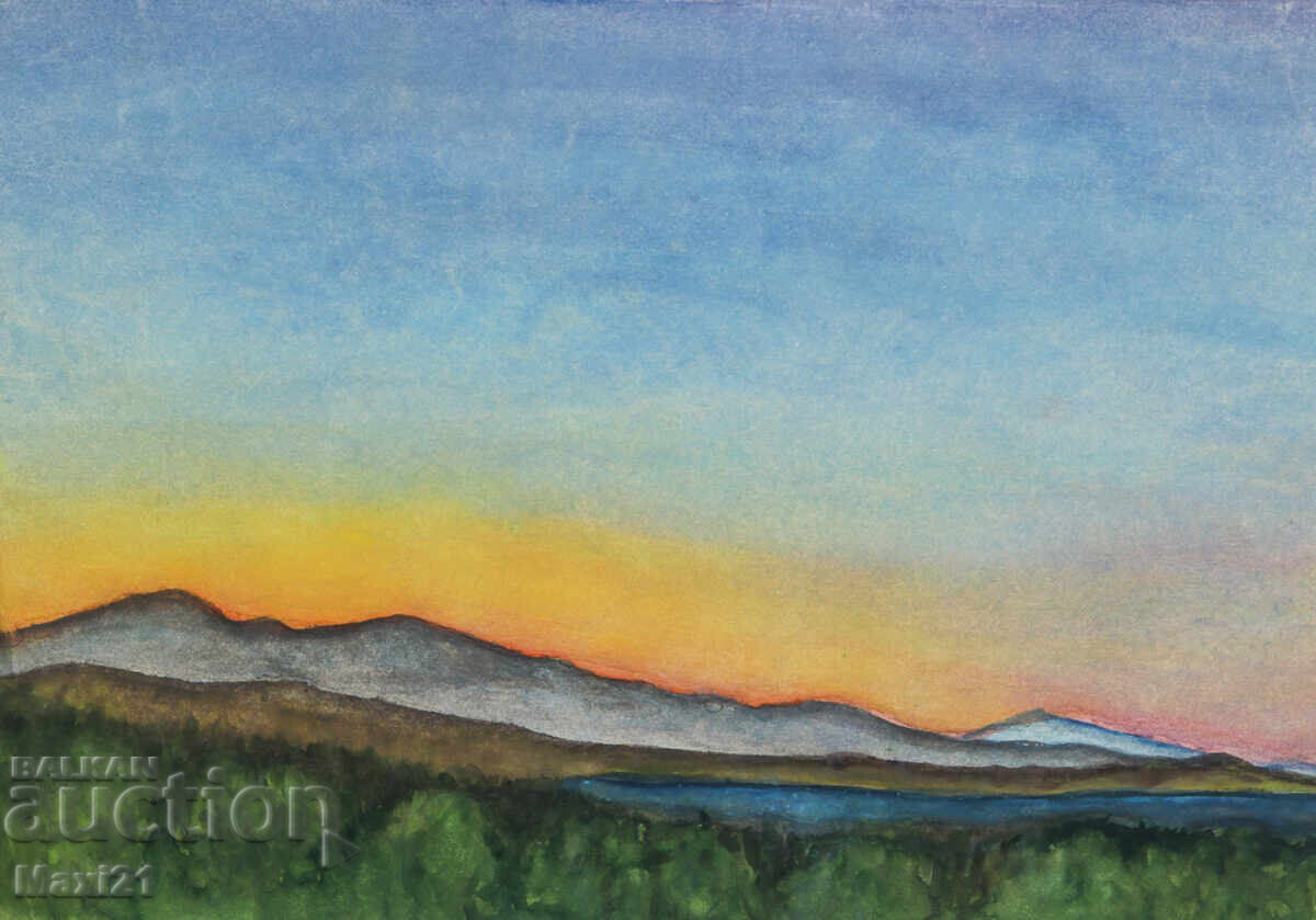 Licitație Pictură veche de peisaj acuarelă apus