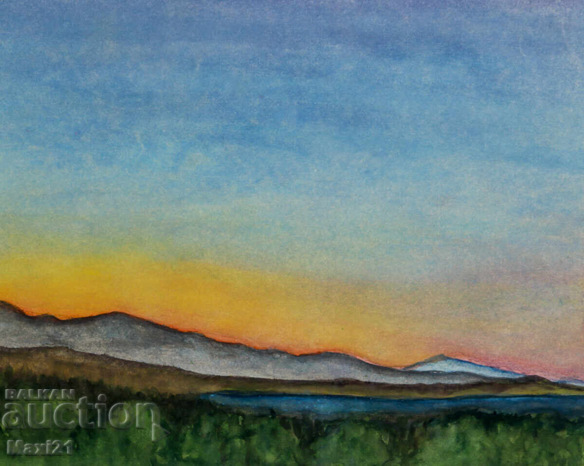 Pictură veche de peisaj acuarelă apus - 5