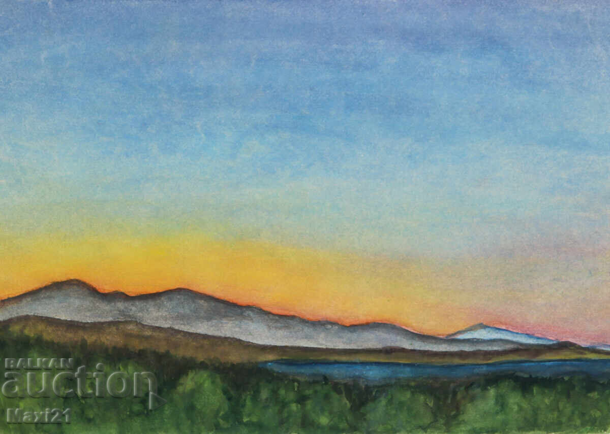 Pictură veche de peisaj acuarelă apus