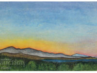 Стара пейзажна картина акварел залез