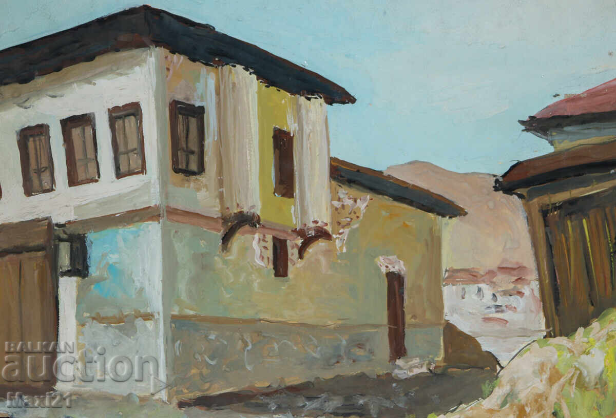 Auction  Old painting, cityscape with houses, tempera paints