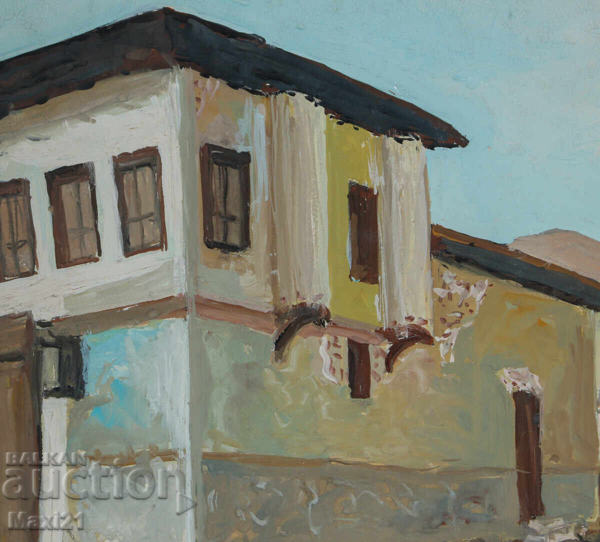 Delivery of Old painting, cityscape with houses, tempera paints