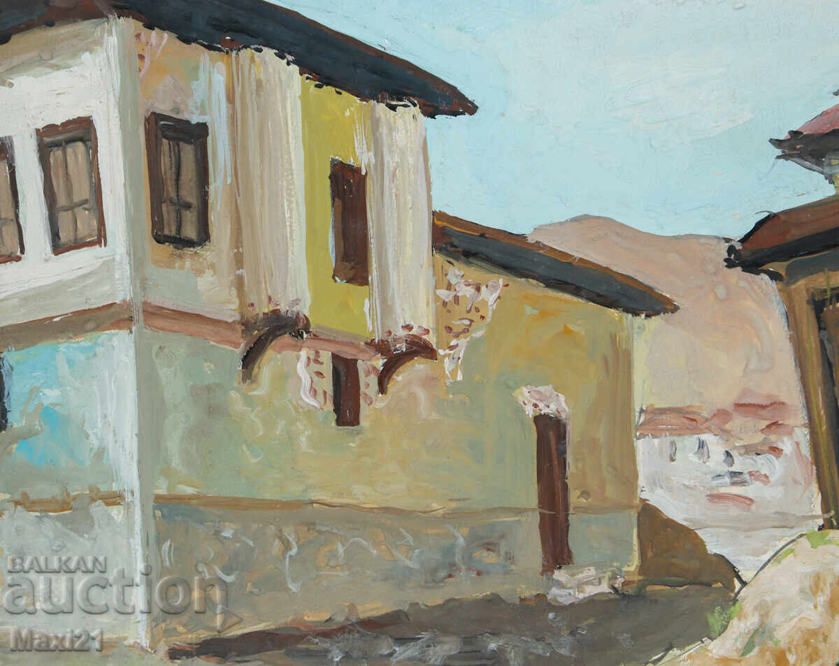 Old painting, cityscape with houses, tempera paints - 5