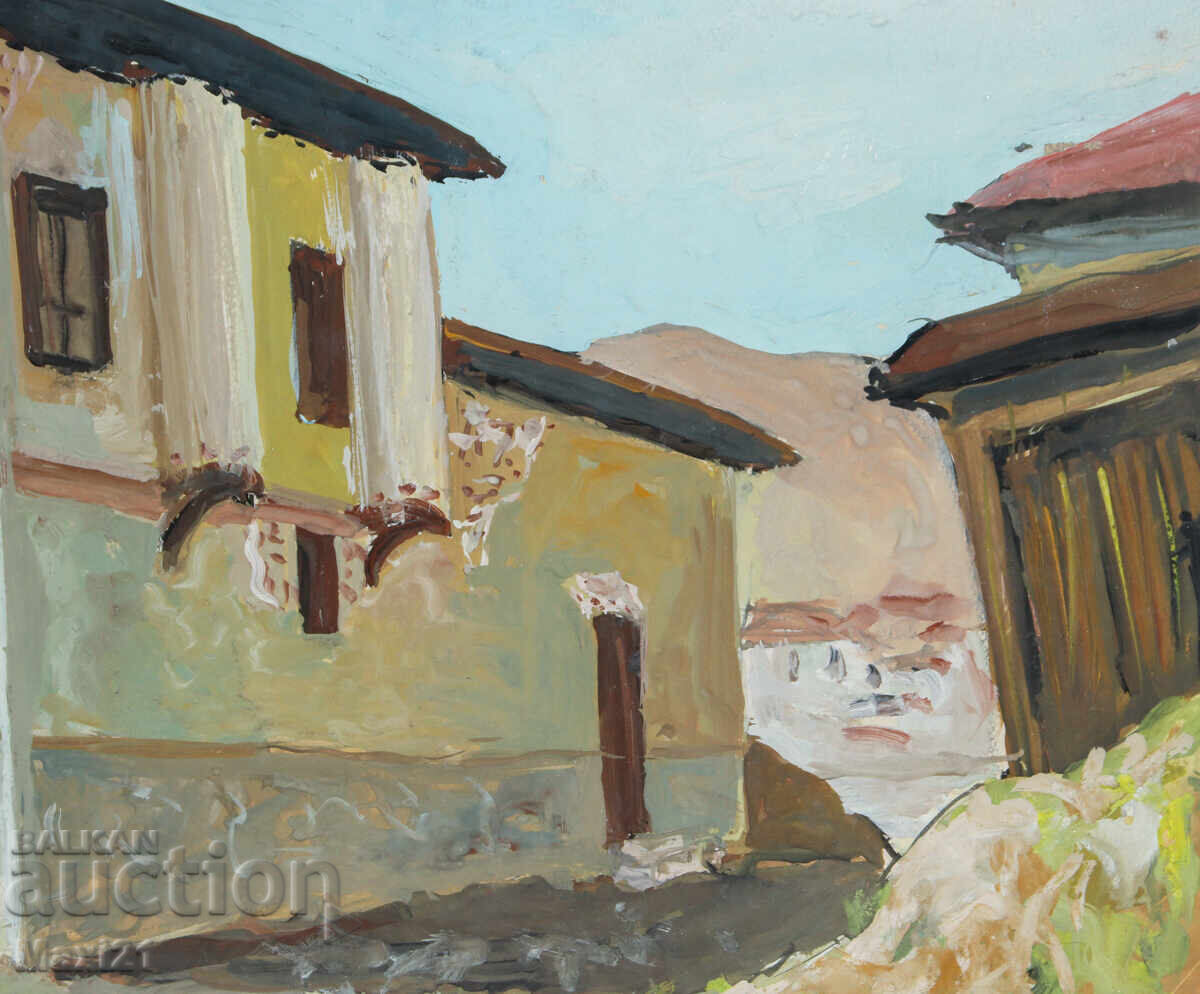 Old painting, cityscape with houses, tempera paints - 6