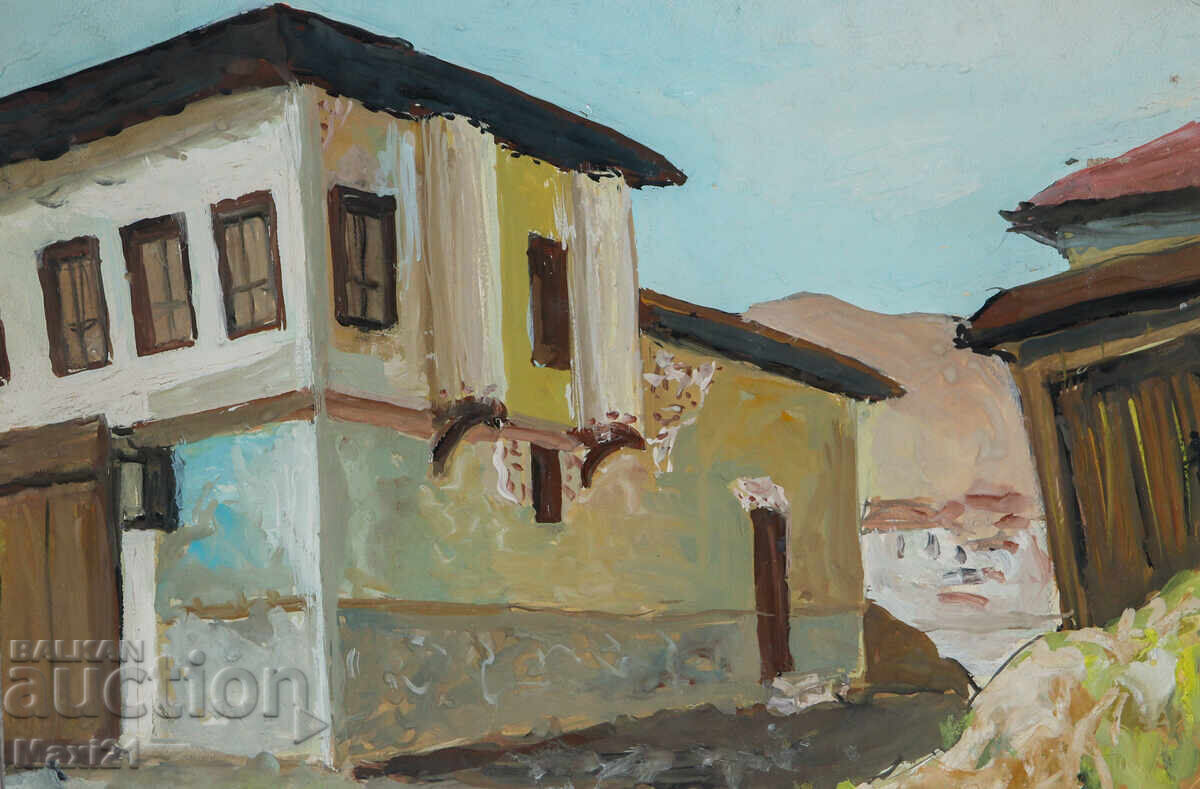 Old painting, cityscape with houses, tempera paints