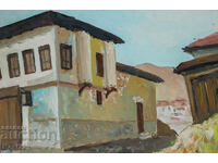 Παλιός πίνακας αστικού τοπίου με σπίτια, τέμπερα