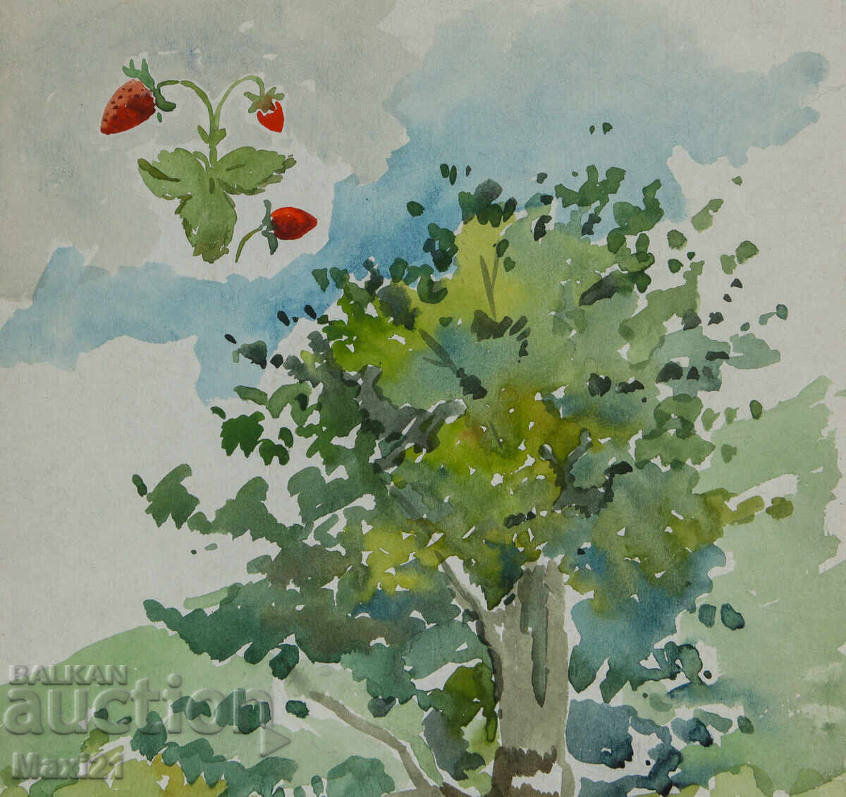 Παράδοση Παλιός πίνακας ακουαρέλας φυσικού τοπίου