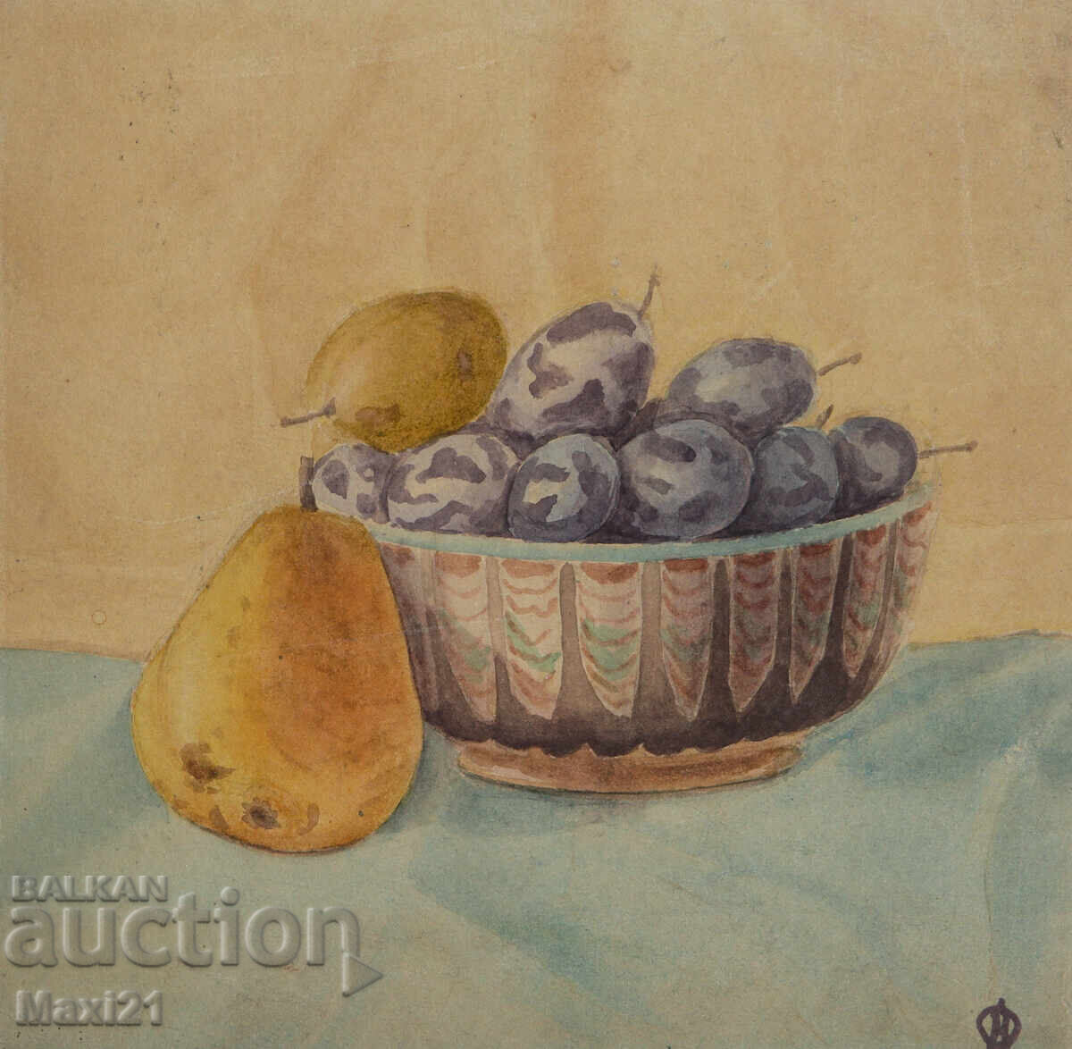 Аукцион Стара акварелна картина натюрморт плодове