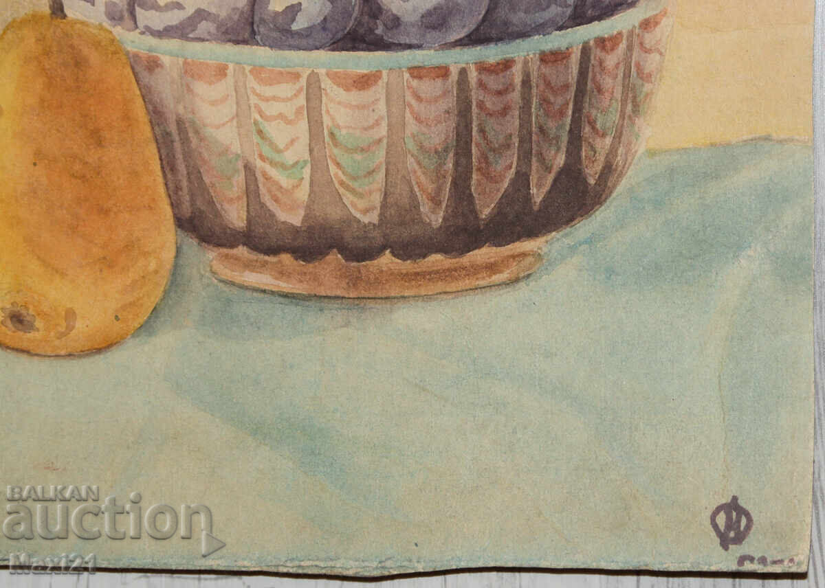 Стара акварелна картина натюрморт плодове - 5