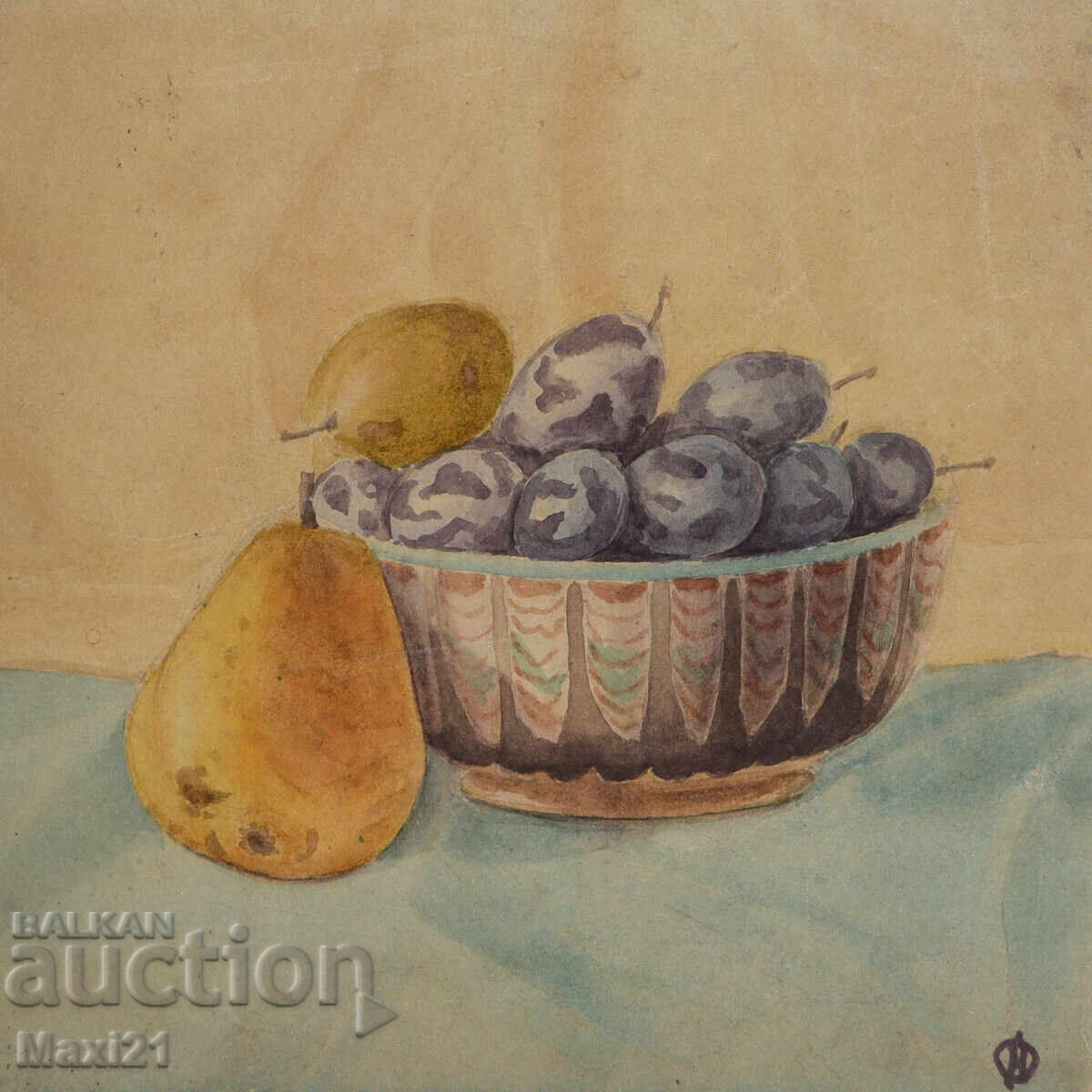 Стара акварелна картина натюрморт плодове