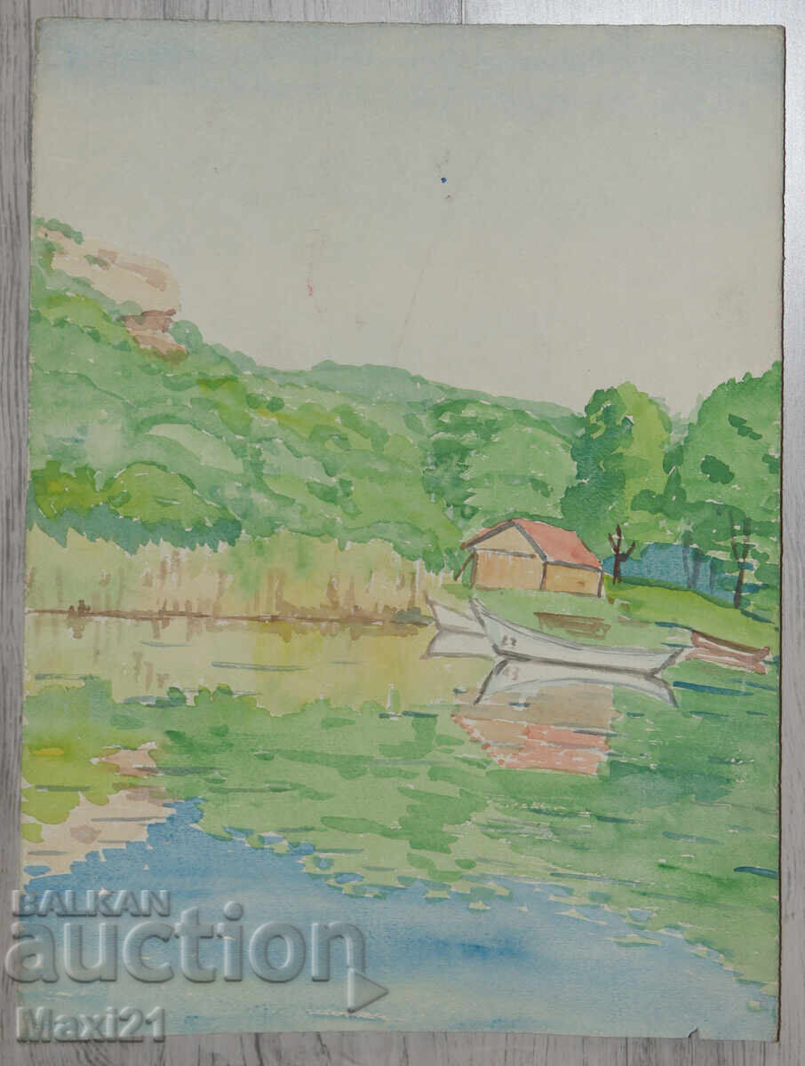 Old watercolor painting, natural landscape, lake with boats with price 180.00 BGN | € 92.03