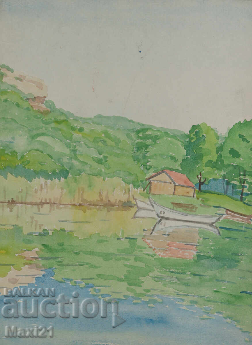 Auction  Old watercolor painting, natural landscape, lake with boats
