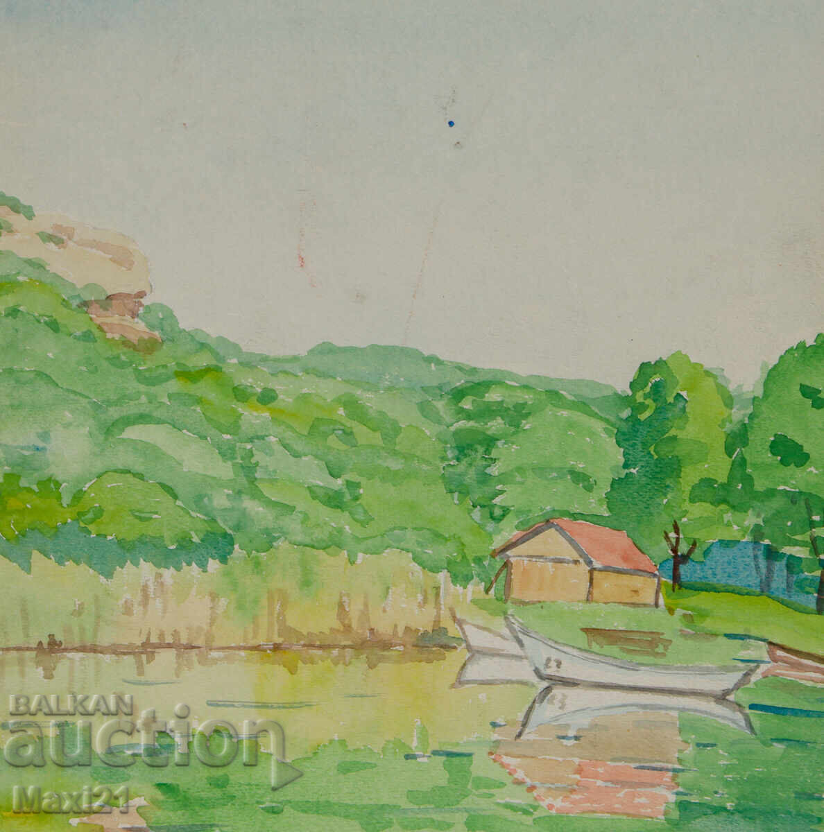 Delivery of Old watercolor painting, natural landscape, lake with boats