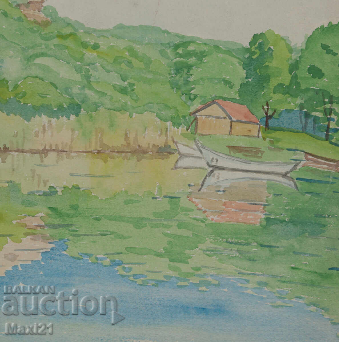 Old watercolor painting, natural landscape, lake with boats - 5
