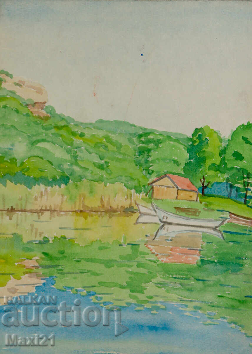 Old watercolor painting, natural landscape, lake with boats