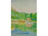 Old watercolor painting, natural landscape, lake with boats
