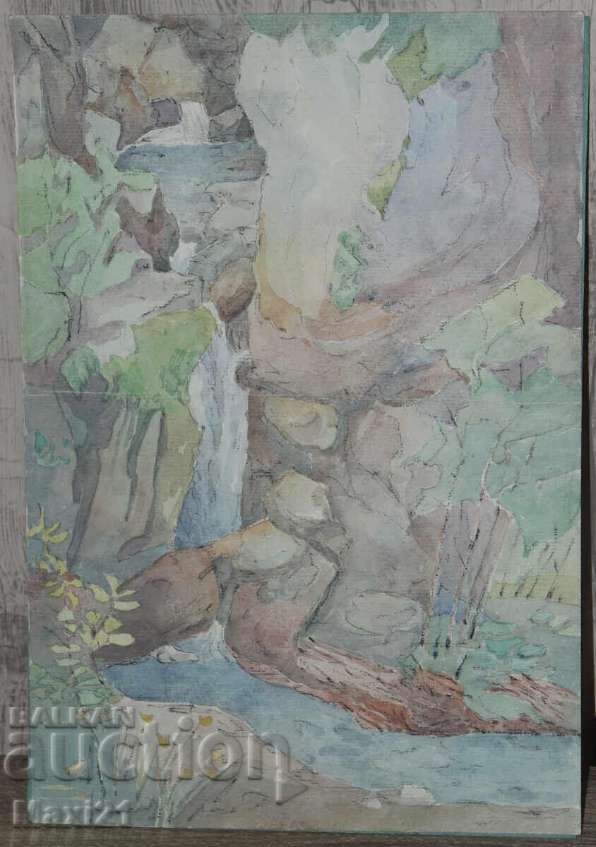 Auction Watercolor landscape painting waterfall Auction Watercolor landscape painting waterfall