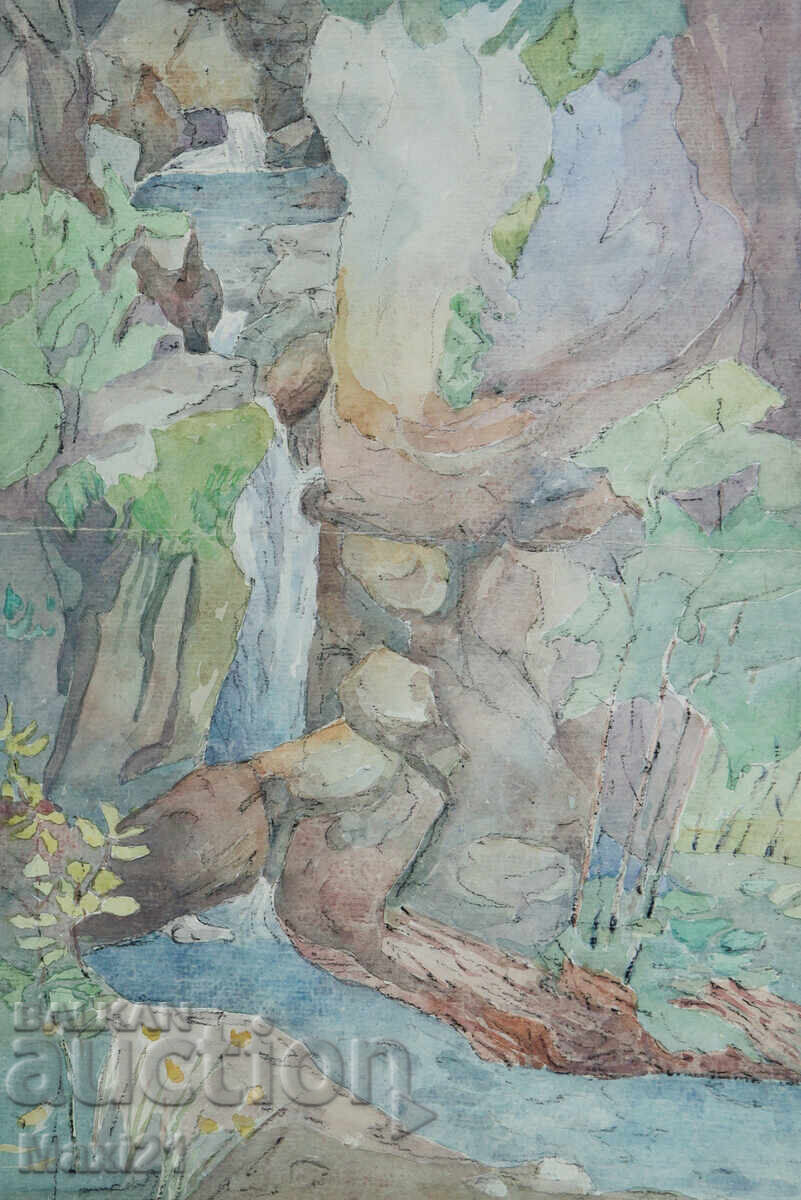 Watercolor landscape painting waterfall Watercolor landscape painting waterfall