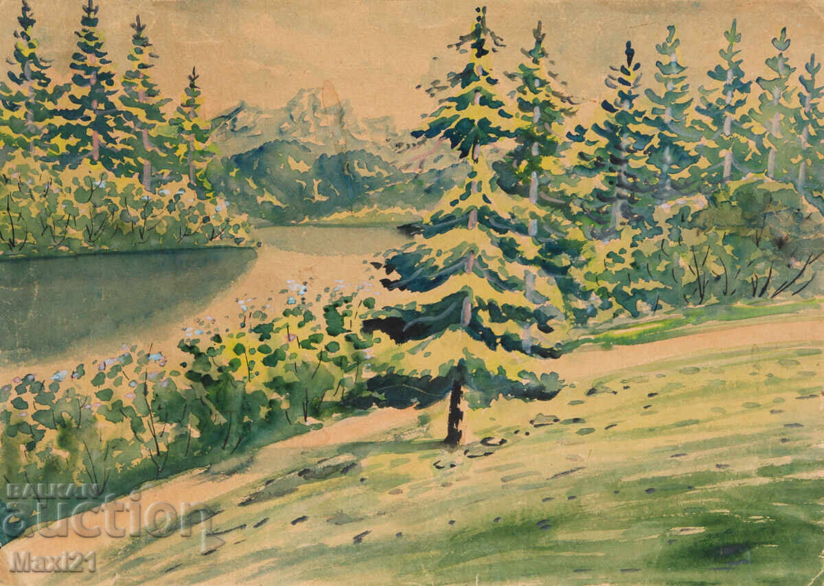 Old watercolor painting, natural landscape, lake with price 220.00 BGN | € 112.48 Old watercolor painting, natural landscape, lake with price 220.00 BGN | € 112.48