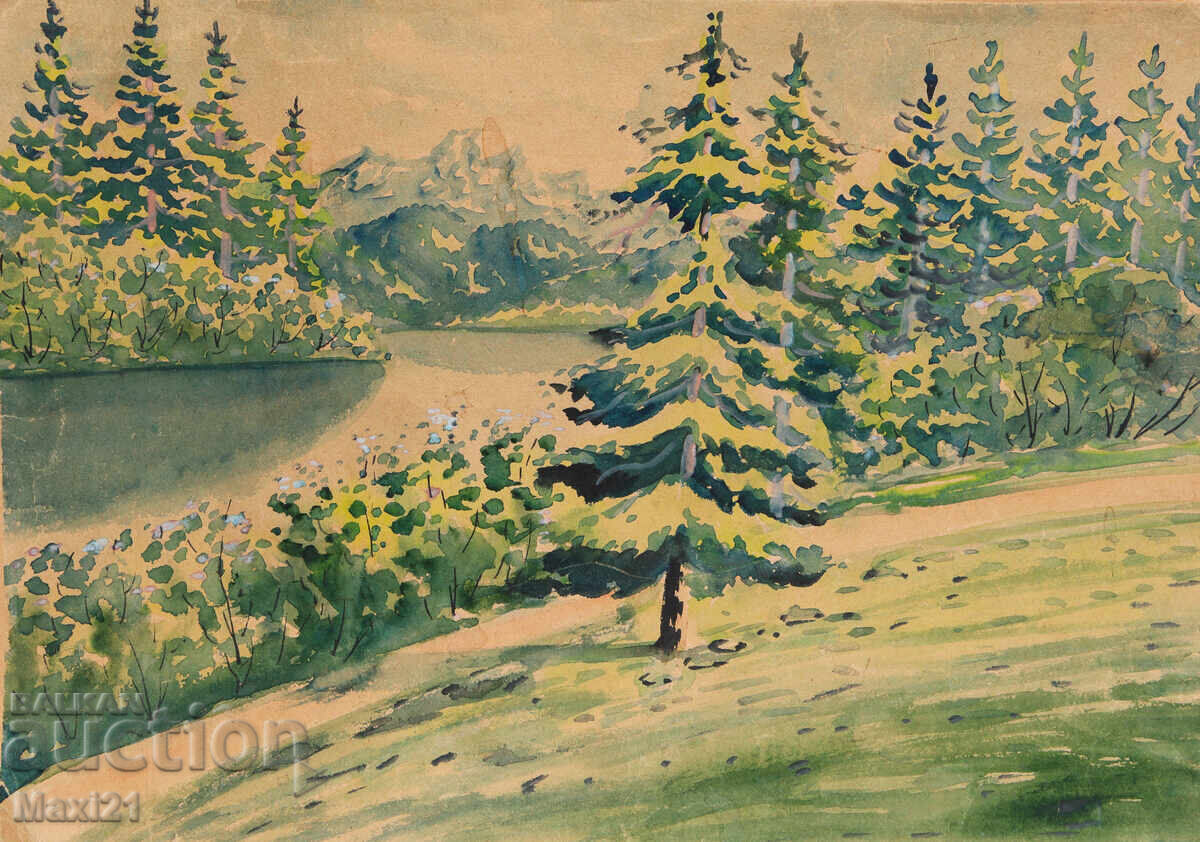 Auction Old watercolor painting, natural landscape, lake Auction Old watercolor painting, natural landscape, lake