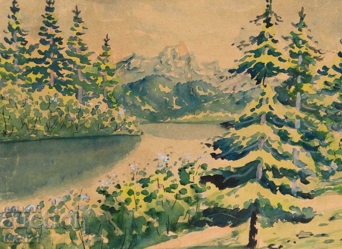 Delivery of Old watercolor painting, natural landscape, lake Delivery of Old watercolor painting, natural landscape, lake