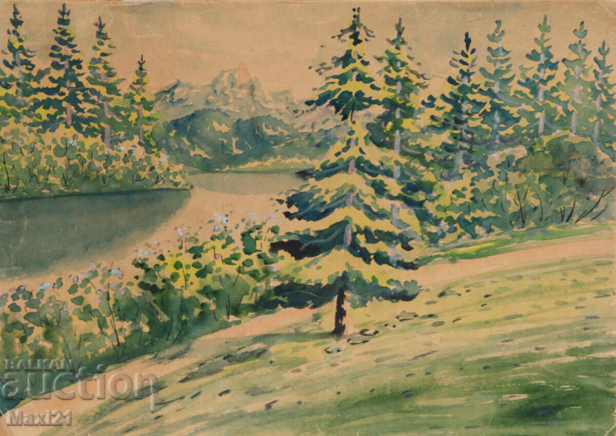 Old watercolor painting, natural landscape, lake Old watercolor painting, natural landscape, lake