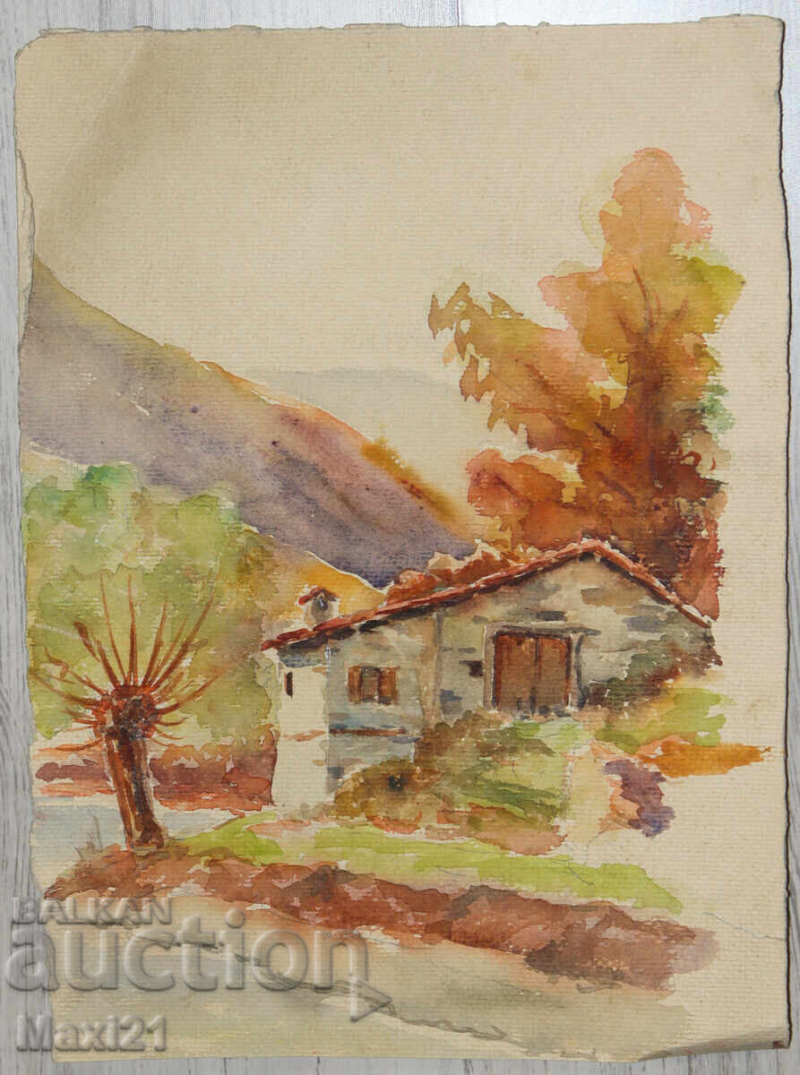 Pictură veche de peisaj acuarelă toamnă frumoasă cu preț 200.00 BGN | € 102.26