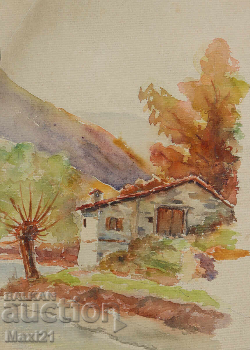 Licitație Pictură veche de peisaj acuarelă toamnă frumoasă