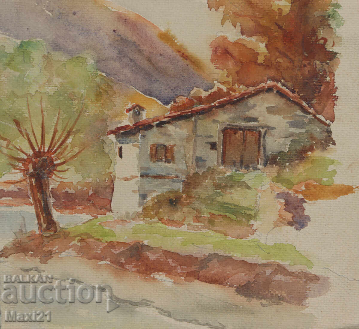 Pictură veche de peisaj acuarelă toamnă frumoasă - 5