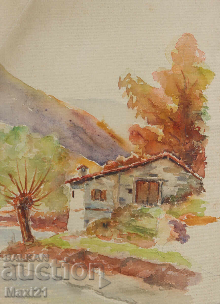 Pictură veche de peisaj acuarelă toamnă frumoasă