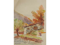 Стара пейзажна картина акварел красива есен