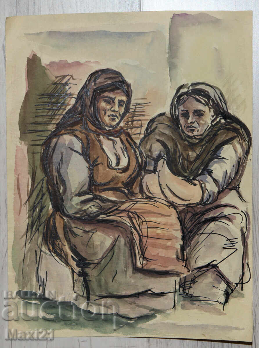 Veche pictură portret, tuș acuarelă, scenă de interior cu preț 180.00 BGN | € 92.03 Veche pictură portret, tuș acuarelă, scenă de interior cu preț 180.00 BGN | € 92.03