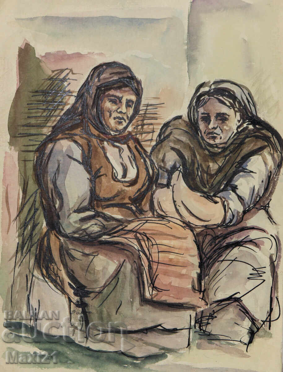 Licitație Veche pictură portret, tuș acuarelă, scenă de interior Licitație Veche pictură portret, tuș acuarelă, scenă de interior