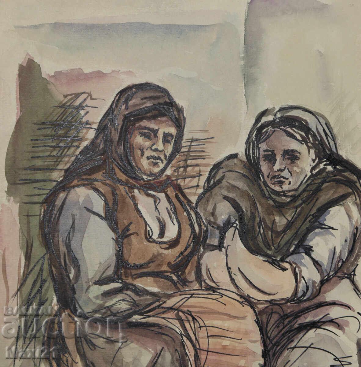 Livrarea Veche pictură portret, tuș acuarelă, scenă de interior Livrarea Veche pictură portret, tuș acuarelă, scenă de interior