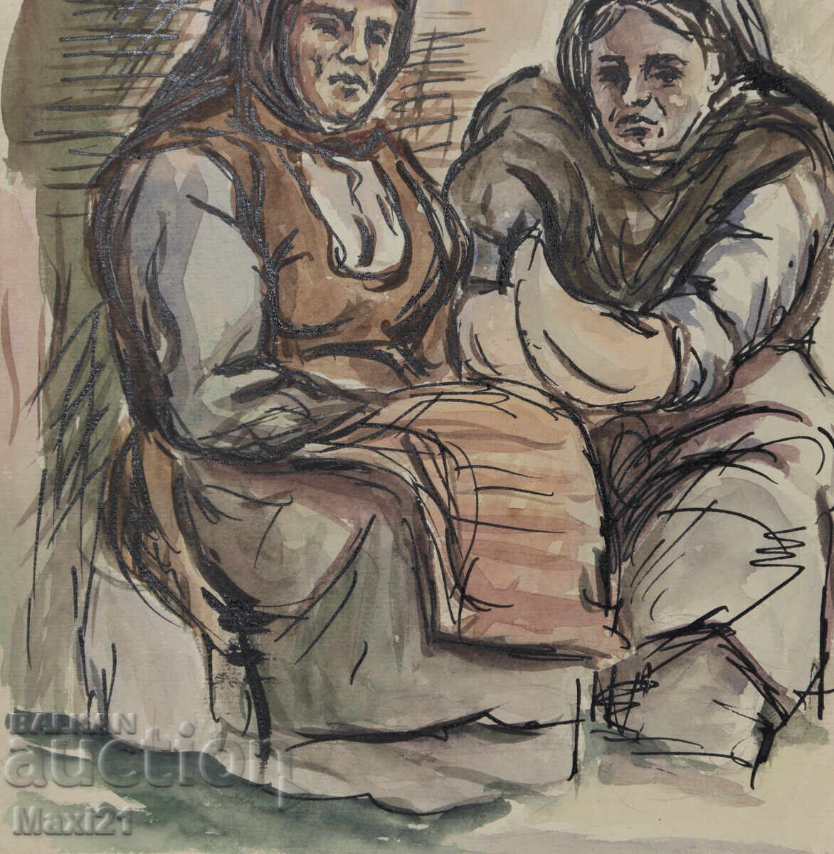 Veche pictură portret, tuș acuarelă, scenă de interior - 5 Veche pictură portret, tuș acuarelă, scenă de interior - 5