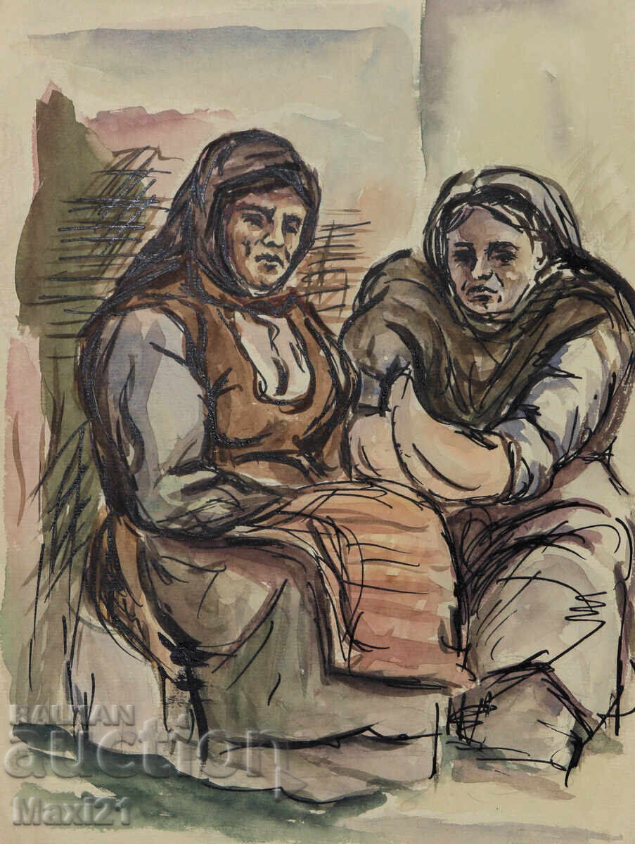 Veche pictură portret, tuș acuarelă, scenă de interior Veche pictură portret, tuș acuarelă, scenă de interior