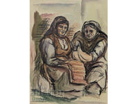 Παλαιό πορτρέτο με μελάνι και ακουαρέλα, σκηνή καθημερινής ζωής