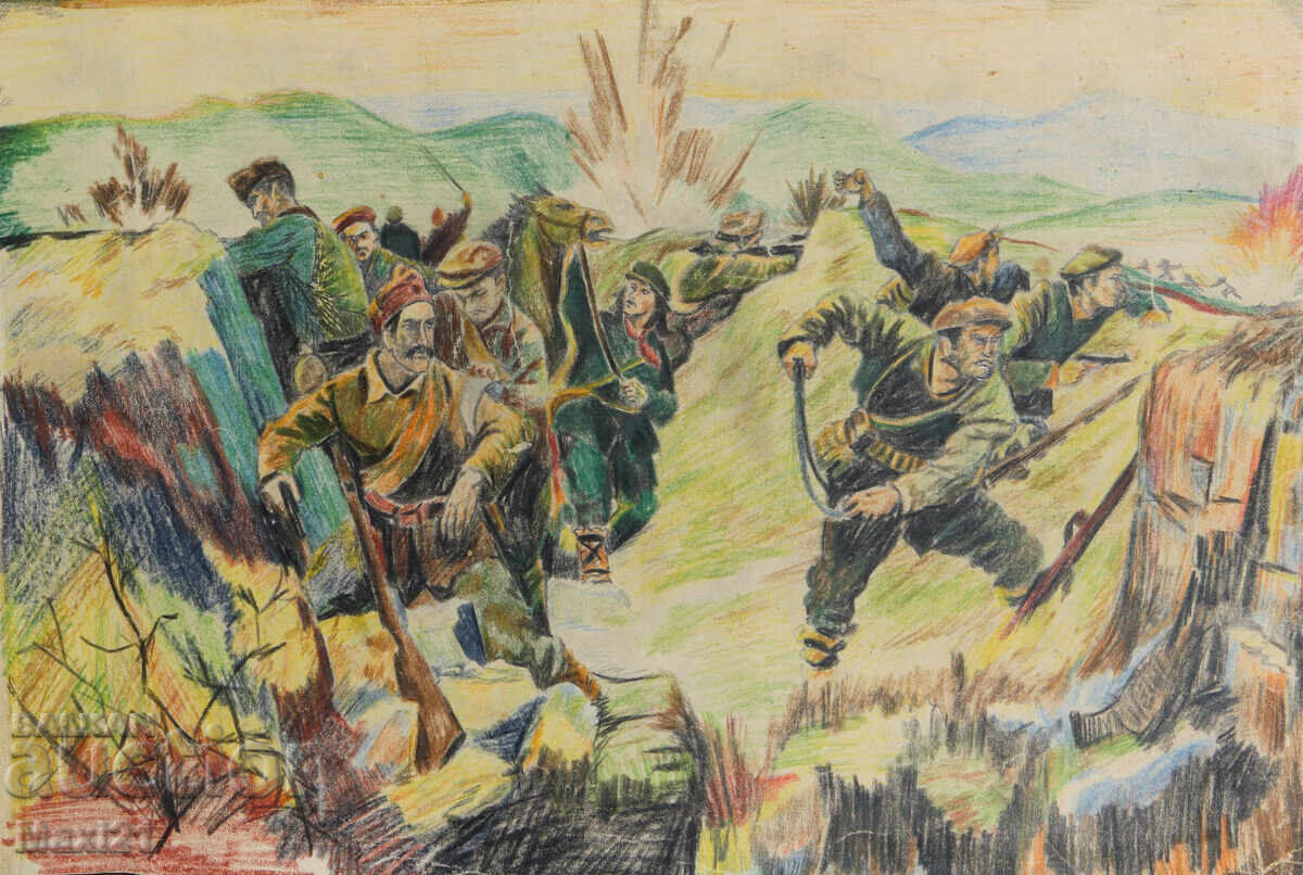 Стара картина молив пастел военна сцена с цена 180.00 лв. | € 92.03