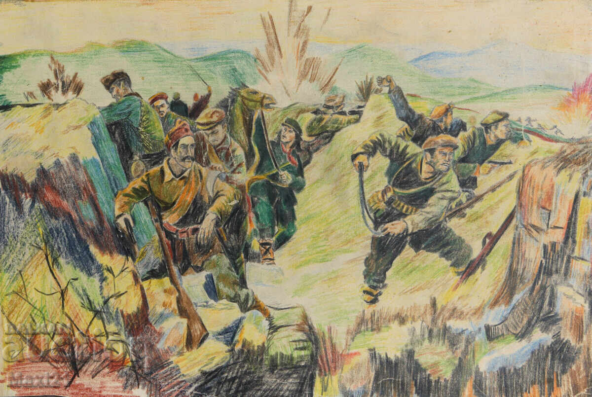 Аукцион Стара картина молив пастел военна сцена