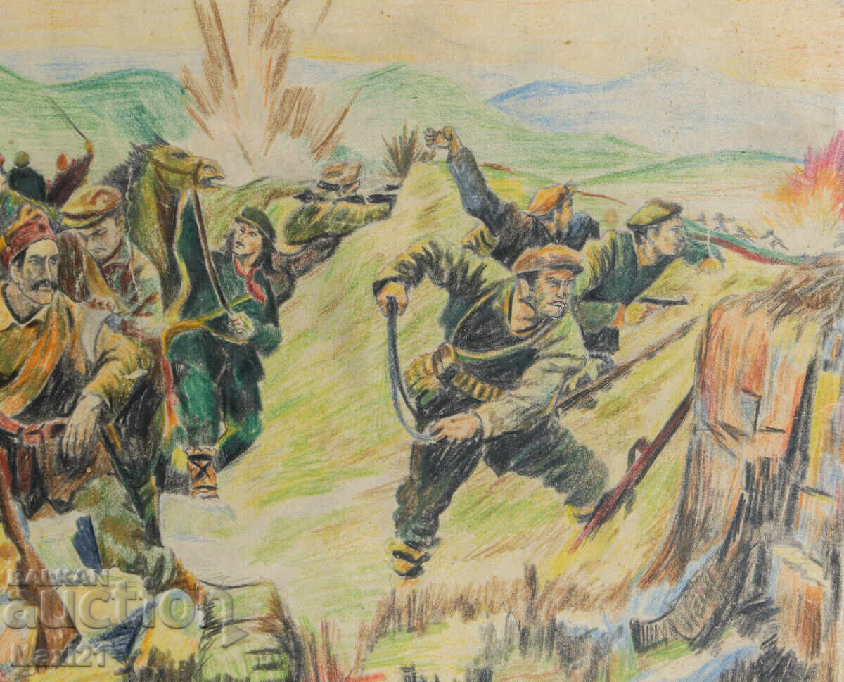 Стара картина молив пастел военна сцена - 5