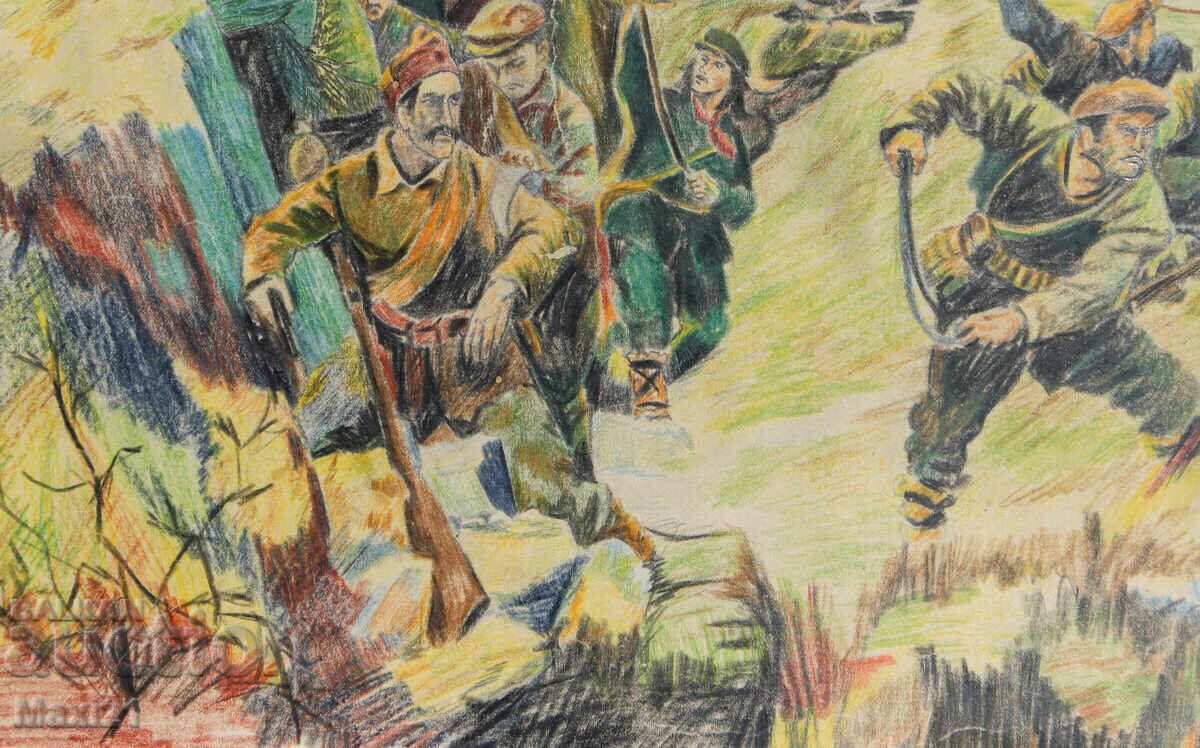 Стара картина молив пастел военна сцена - 6