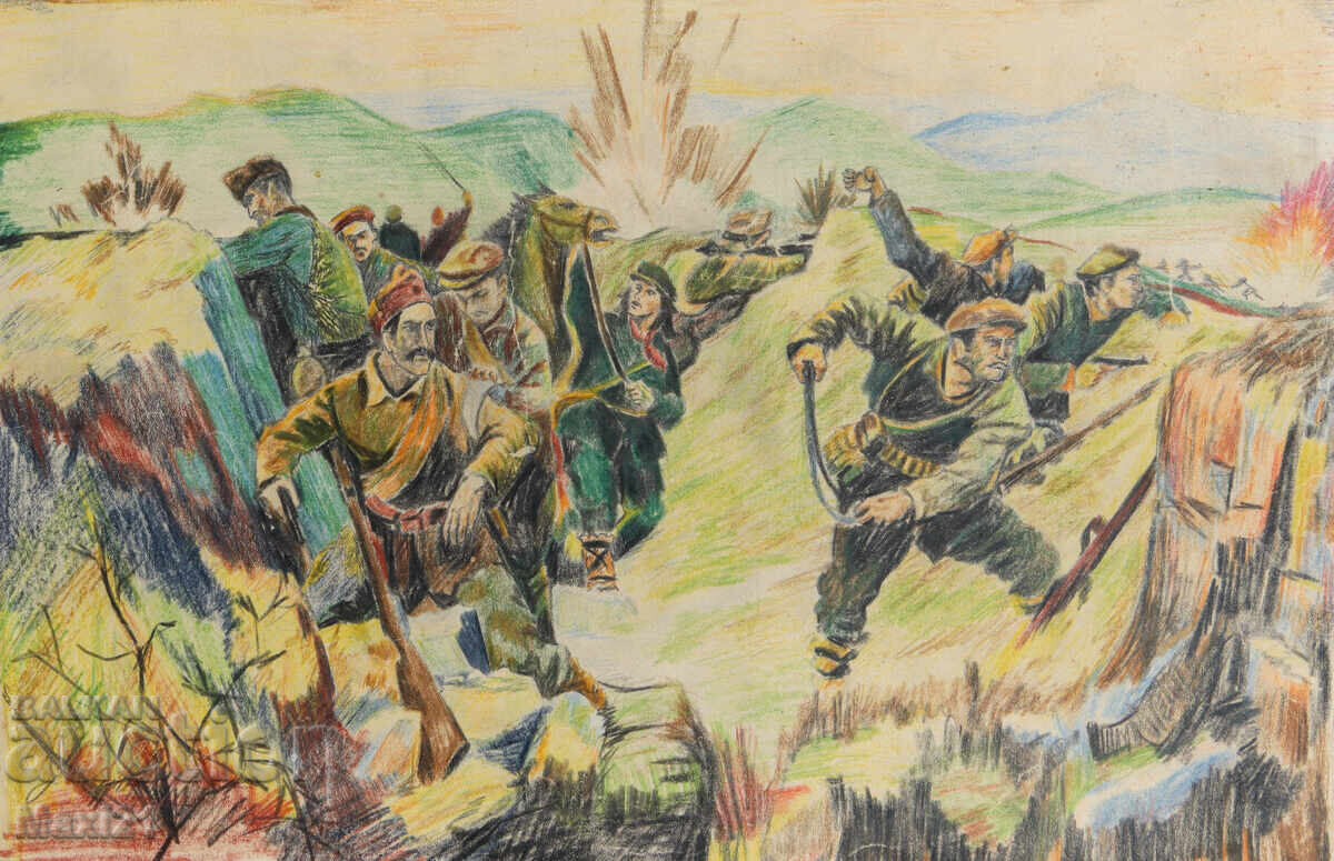 Стара картина молив пастел военна сцена