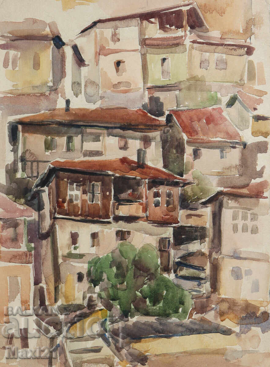 Аукцион Стара картина акварел градски пейзаж Аукцион Стара картина акварел градски пейзаж