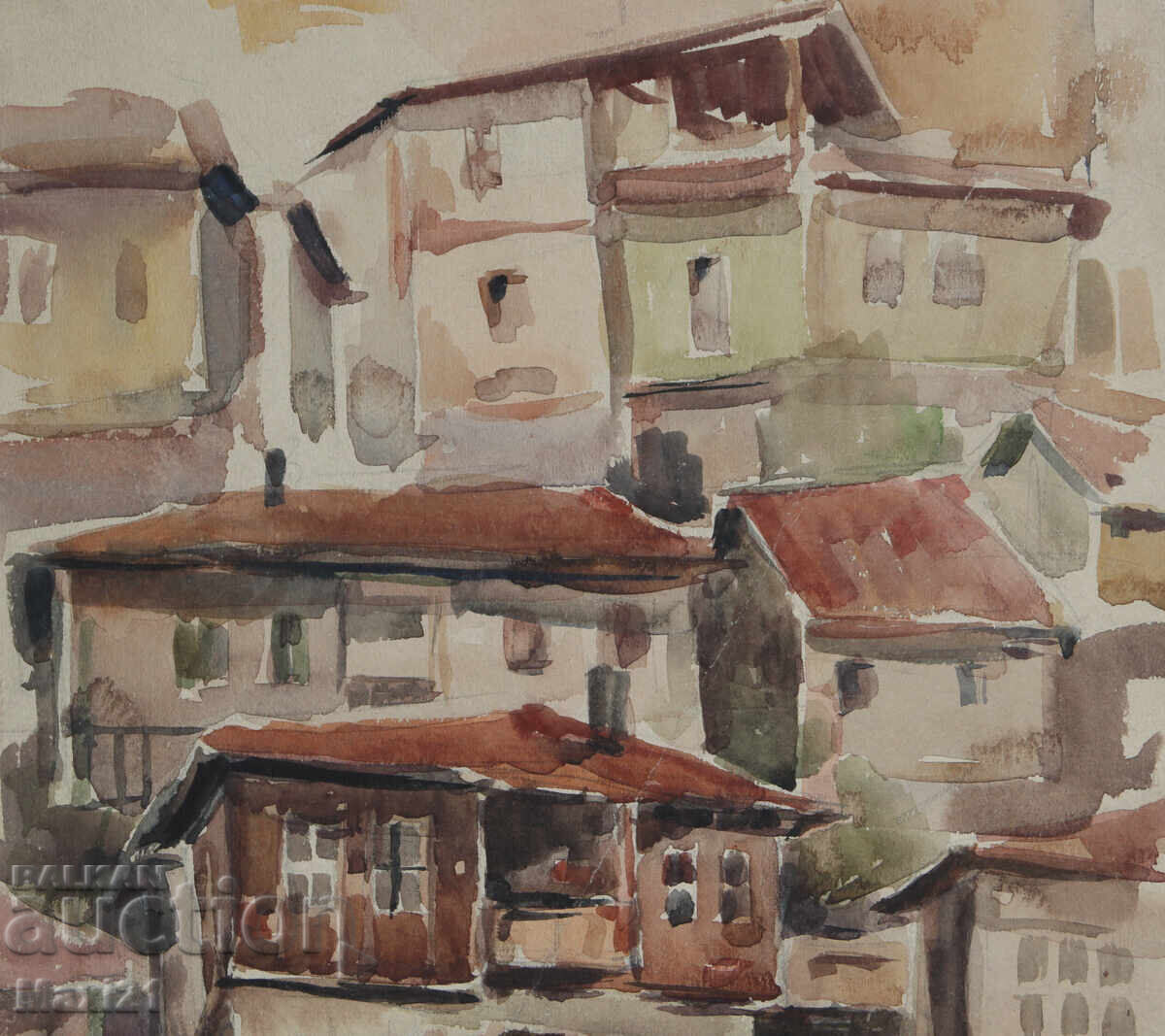 Доставка на Стара картина акварел градски пейзаж Доставка на Стара картина акварел градски пейзаж