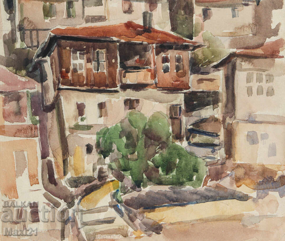 Стара картина акварел градски пейзаж - 5 Стара картина акварел градски пейзаж - 5