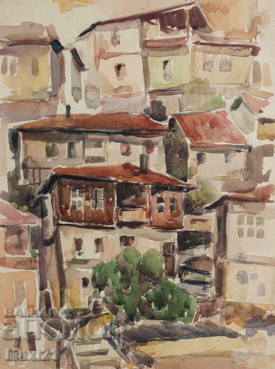 Стара картина акварел градски пейзаж Стара картина акварел градски пейзаж