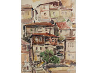 Стара картина акварел градски пейзаж